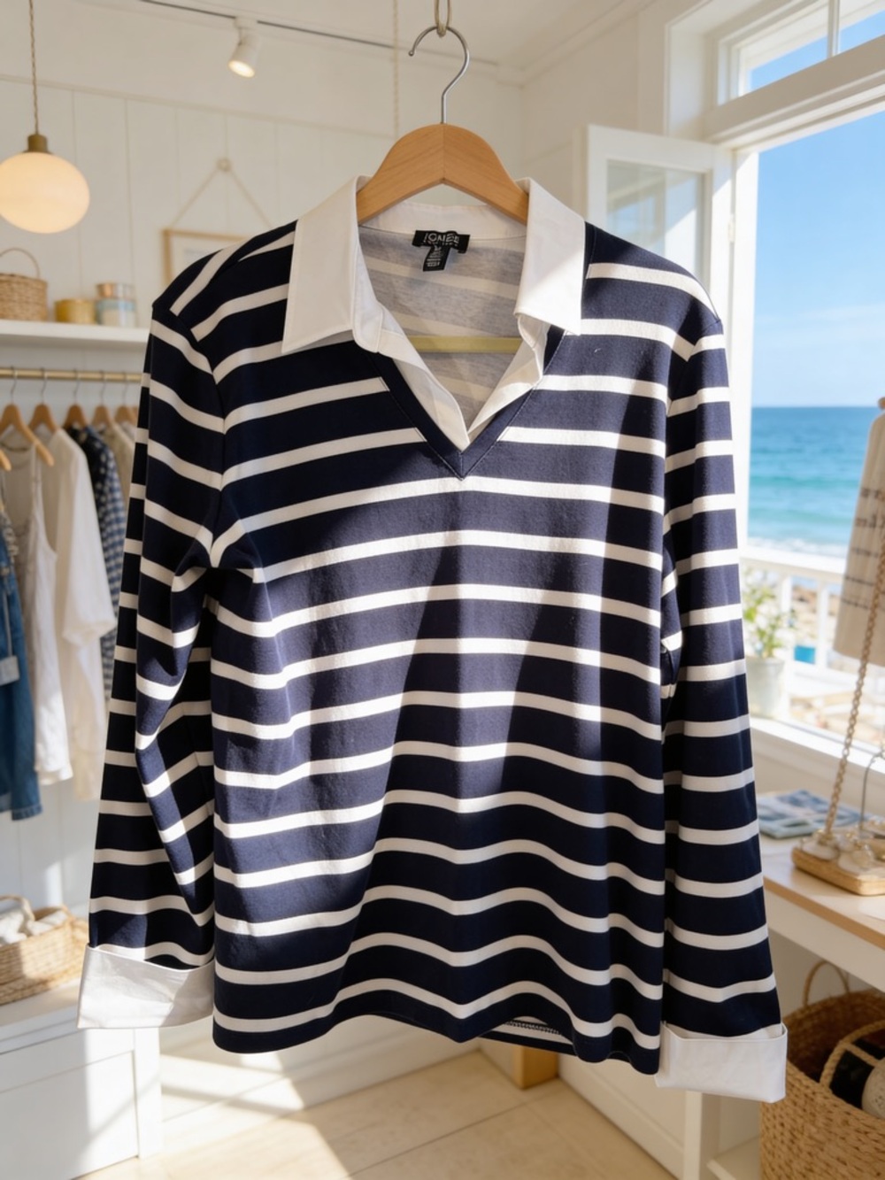 Jones New York Rugby Styled Striped Polo -Navy & White